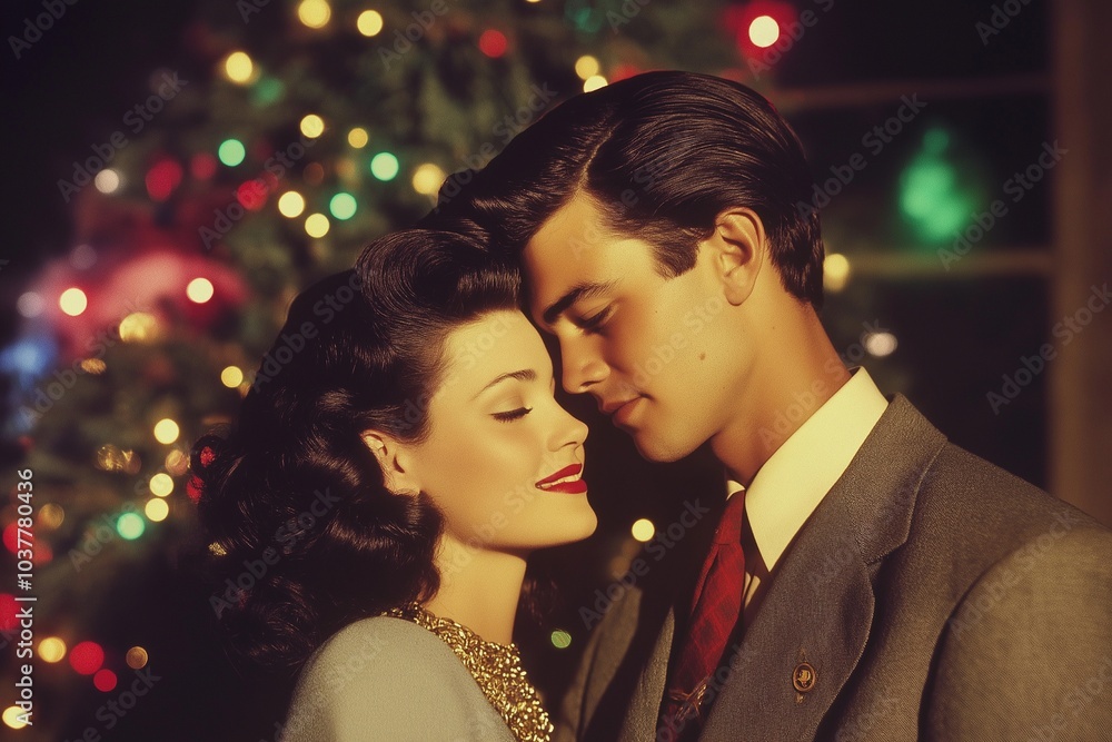クリスマスパーティーでキスをするロマンチックなカップルとクリスマスツリー クリスマスパーティーでキスをするロマンチックなカップルとクリスマスツリー