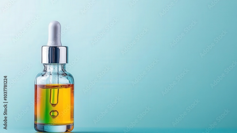 Colorful Essential Oil Dropper on Blue Background Colorful Essential Oil Dropper on Blue Background