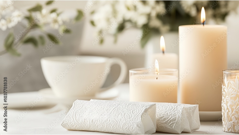 White Candles and Napkins on White Tablecloth. White Candles and Napkins on White Tablecloth.