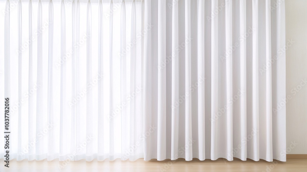 Obraz premium Bright, airy room with sheer white curtains draping gracefully over a light hardwood floor, creating a serene and minimalist atmosphere.