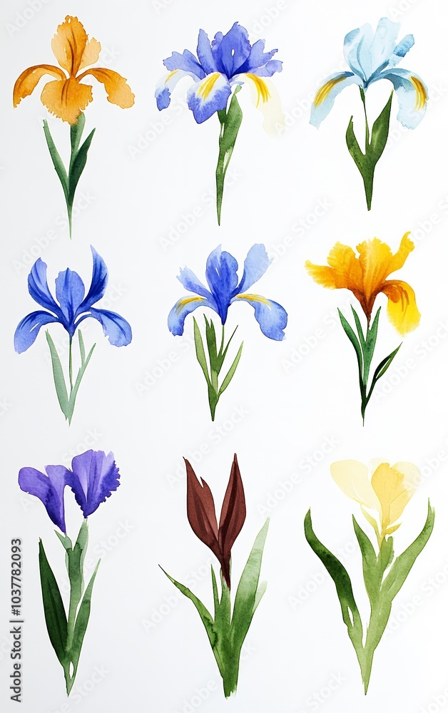 A collection of ten watercolor paintings of irises in different colors. A collection of ten watercolor paintings of irises in different colors.