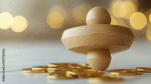 A close-up image of a traditional wooden dreidel on a smooth, white surface, surrounded by a few golden Hanukkah gelt coins photo