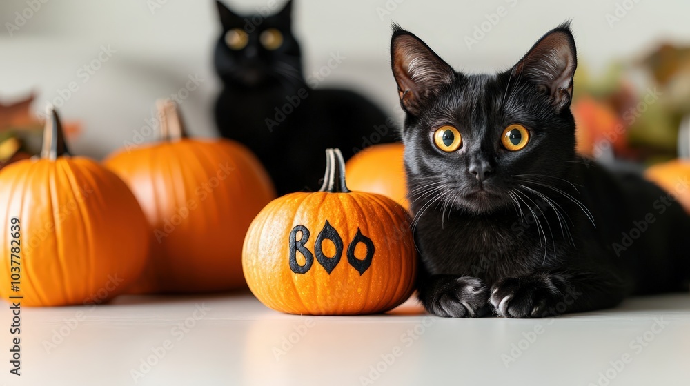 Black Cat with Pumpkins for Halloween. Black Cat with Pumpkins for Halloween.