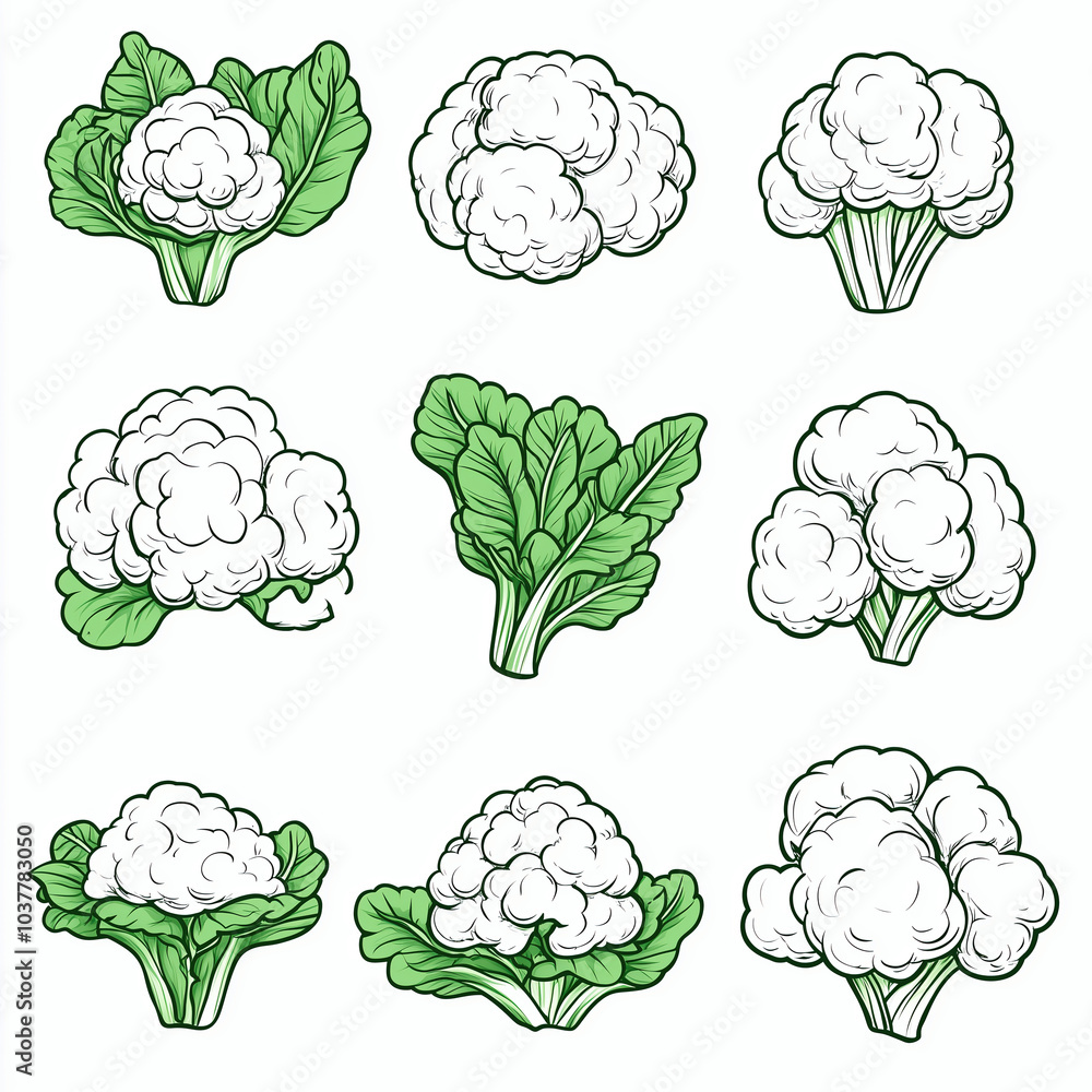 Line art set of cauliflower vector illustration, vegetable food group clip art design element Line art set of cauliflower vector illustration, vegetable food group clip art design element
