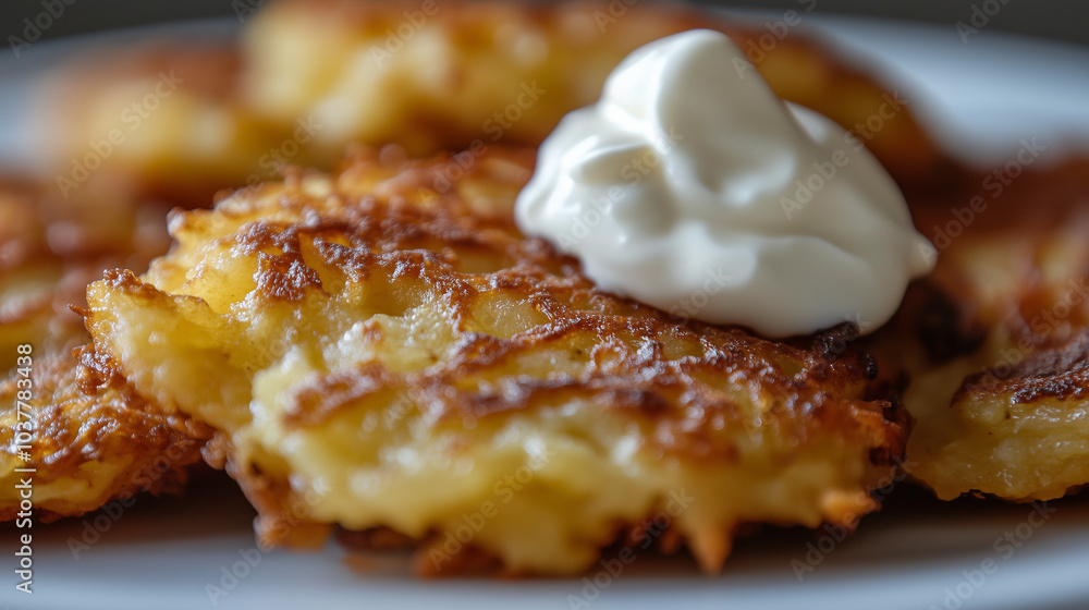 A high-quality close-up photo of golden, crispy Hanukkah latkes on a minimalist white plate, garnished with a dollop of sour cream and applesauce A high-quality close-up photo of golden, crispy Hanukkah latkes on a minimalist white plate, garnished with a dollop of sour cream and applesauce