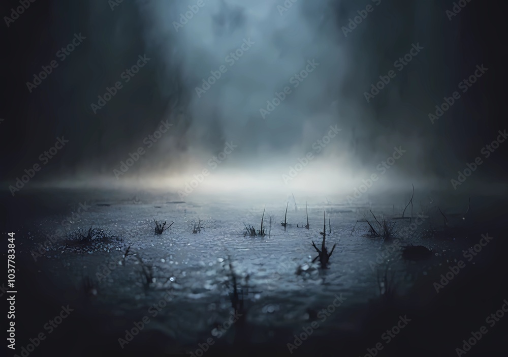 Fototapeta premium Mystical mist. Swirling smoke in dark and light symphony. Fluid fantasia. Abstract dance of fog and light on floor with black background