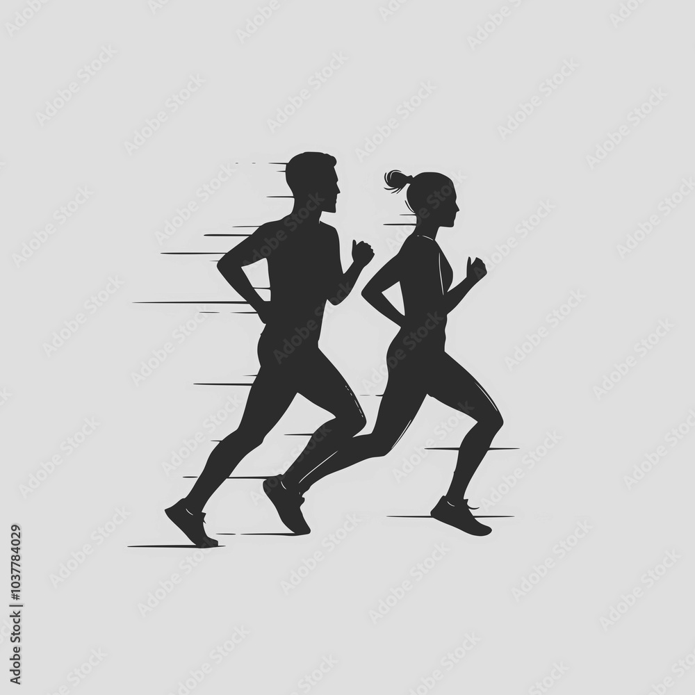 Running man and woman, isolated vector silhouettes. Run, side view. Silhouettes of athletic looking male and female runners running. JPEG version. Running man and woman, isolated vector silhouettes. Run, side view. Silhouettes of athletic looking male and female runners running. JPEG version.