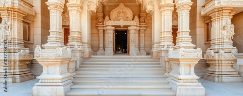 A majestic temple entrance with intricate architectural details, showcasing exquisite stone carvings and serene steps. photo