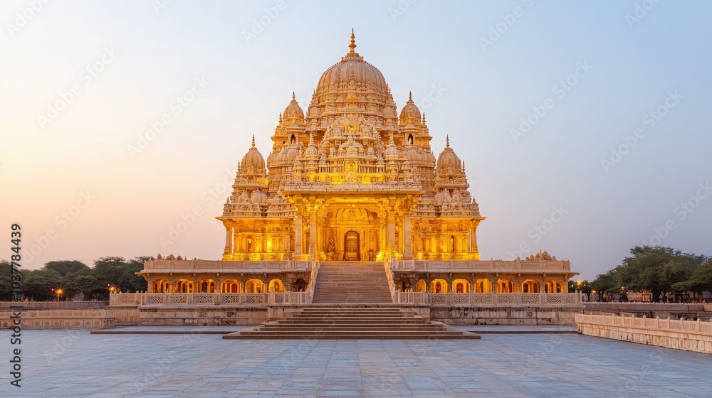 Fototapeta premium A stunning golden temple illuminated at dusk, showcasing intricate architecture and peaceful surroundings, ideal for spiritual inspiration.