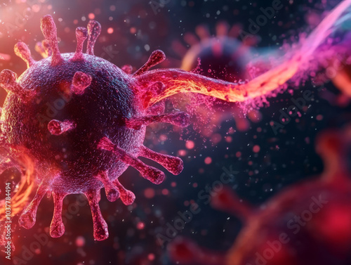 A digital illustration of a virus particle attacking healthy cells, highlighting the process of infection