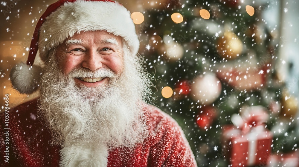 Santa Claus smiling warmly in front of a decorated Christmas tree, wide-angle shot with soft warm lighting, presents scattered around, snow falling outside, joyful and festive atmosphere. Santa Claus smiling warmly in front of a decorated Christmas tree, wide-angle shot with soft warm lighting, presents scattered around, snow falling outside, joyful and festive atmosphere.