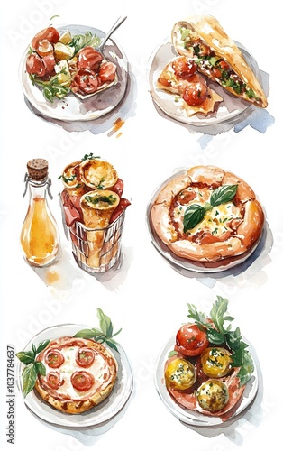 A watercolor painting of different Italian food dishes, including pizza, pasta, and salad. The painting is colorful and vibrant.