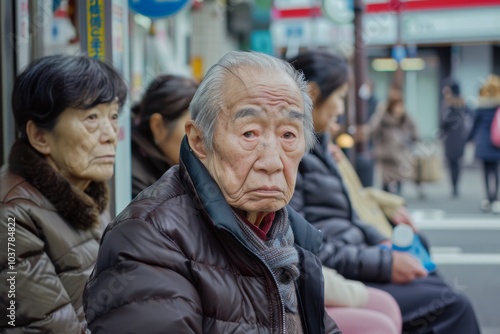 Unidentified old people sit on the street in Shanghai, China.