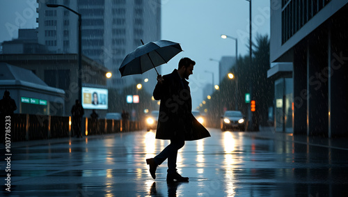 male profile picture, silhouette. Of the page	rain, umbrella, weather, a man in a coat, dancing, dancing in the rain, dancing with an umbrella, happy, joy photo