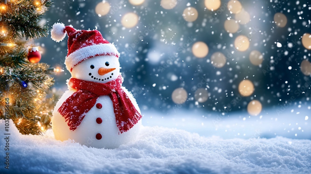 Snowman with a red scarf and hat next to a Christmas tree shimmering with lights, wide-angle close-up, soft focus, snowflakes falling gently, festive atmosphere with a warm holiday glow. Snowman with a red scarf and hat next to a Christmas tree shimmering with lights, wide-angle close-up, soft focus, snowflakes falling gently, festive atmosphere with a warm holiday glow.