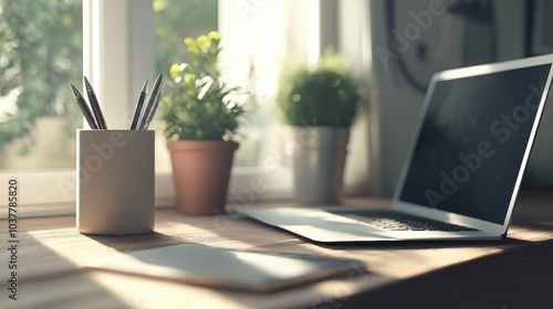 Wallpaper Mural Organized Workspace with Laptop and Green Plants Torontodigital.ca