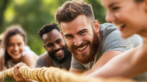 A fun team-building activity with colleagues participating in an outdoor challenge, fostering collaboration, trust, and communication.