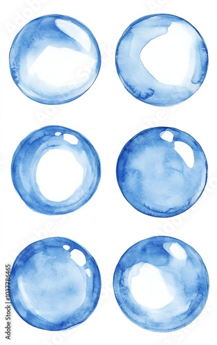 Wallpaper Mural Six watercolor blue bubbles in a row, perfect for adding a touch of whimsy to your projects. Torontodigital.ca