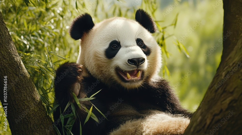 Fototapeta premium Panda Sitting Happily Under Bamboo Tree