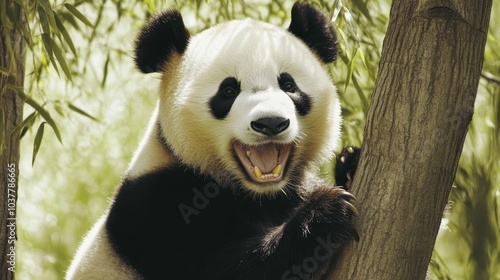 Happy Panda Sitting Under Bamboo Tree