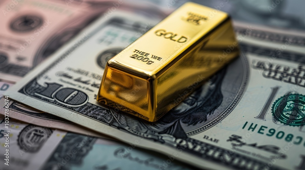 Gold Bar on a Pile of US Dollars Gold Bar on a Pile of US Dollars