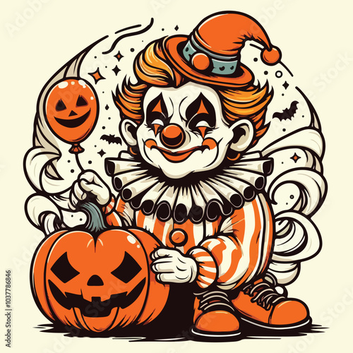 Horror clown cartoon scary circus monster face. Vector Halloween holiday character, evil clown or joker
