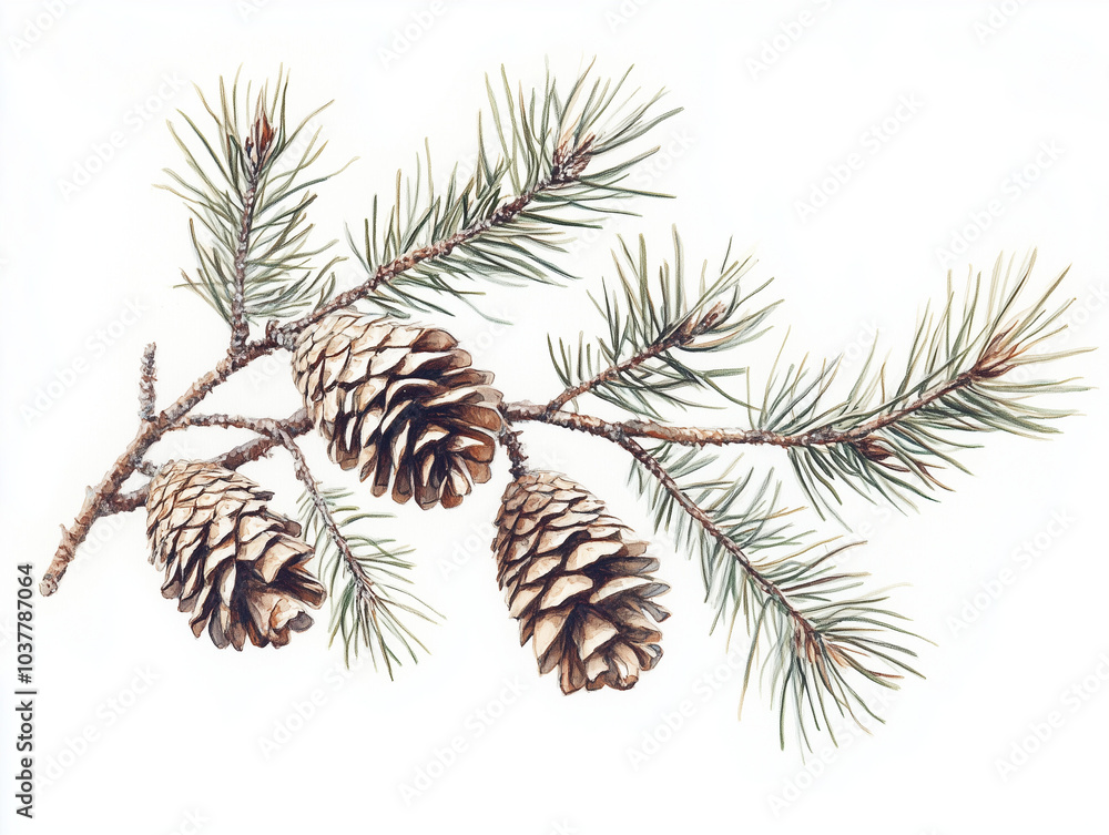 Naklejka premium Minimalist nature scene featuring detailed pine branches with cones, isolated on a white background, ideal for winter marketing