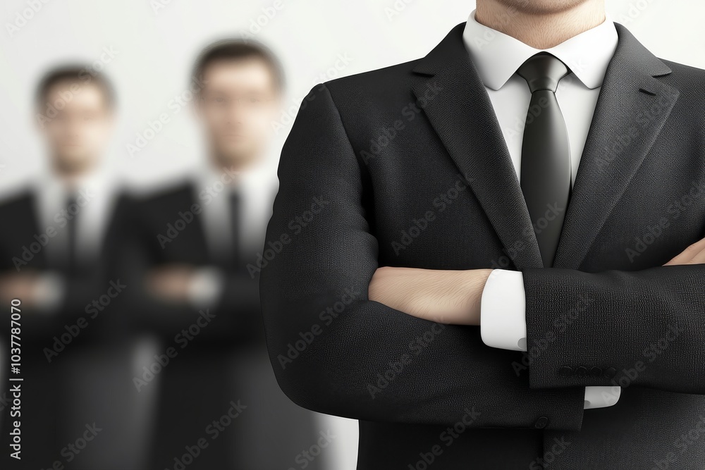 Fototapeta premium Three men in suits are standing together, one of them is wearing a tie