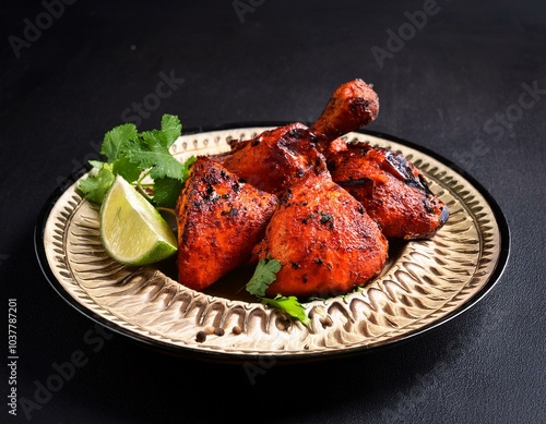 Tandoori chicken on a plate on a black table photo