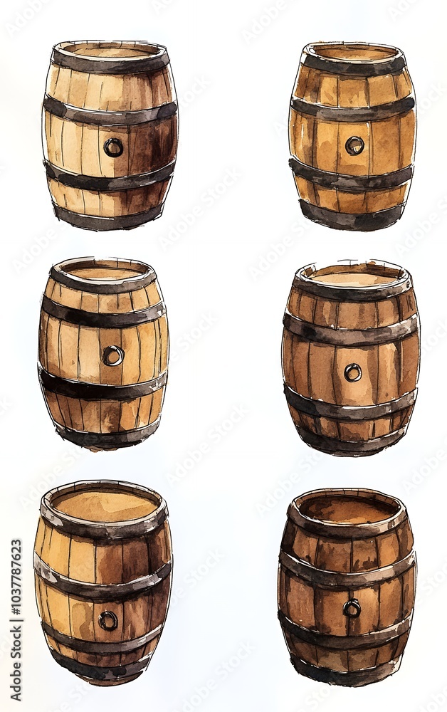 Obraz premium Six watercolor illustrations of wooden barrels on a white background.