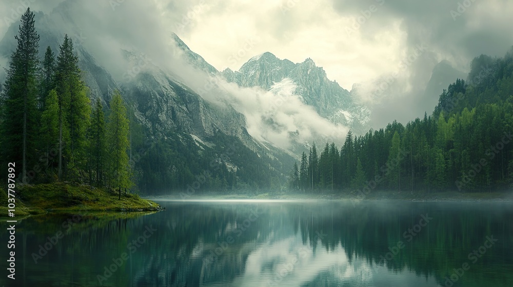 Serene Mountain Lake with Foggy Peaks Serene Mountain Lake with Foggy Peaks