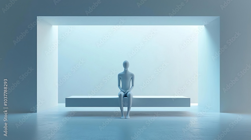 Introvert Solitude Minimalism Isolated figure on a bench, surrounded by open, empty space, introspective solitude, 3D illustration, no face Introvert Solitude Minimalism Isolated figure on a bench, surrounded by open, empty space, introspective solitude, 3D illustration, no face