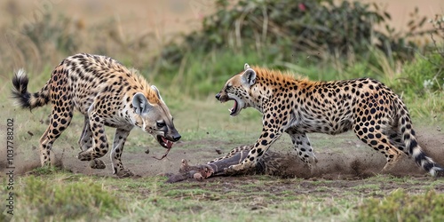 Spotted Hyenas Fighting Over Prey in the African Savanna photo