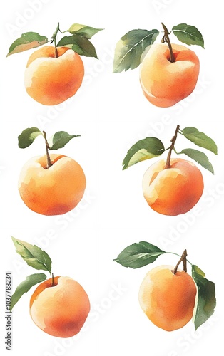 Six watercolor illustrations of ripe peaches on a white background. Perfect for a summery, healthy, or natural design.