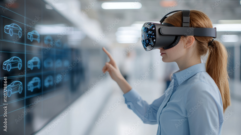 woman wearing virtual reality goggles interacts with digital interface displaying car models, showcasing futuristic technology in automotive design woman wearing virtual reality goggles interacts with digital interface displaying car models, showcasing futuristic technology in automotive design