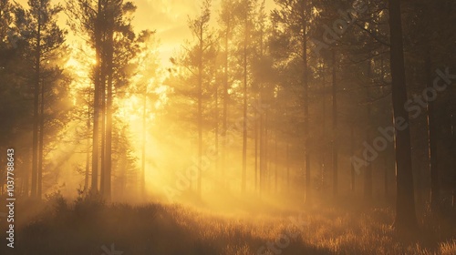 golden hour light streaming through towering pine trees in a serene forest with mist rising from the ground