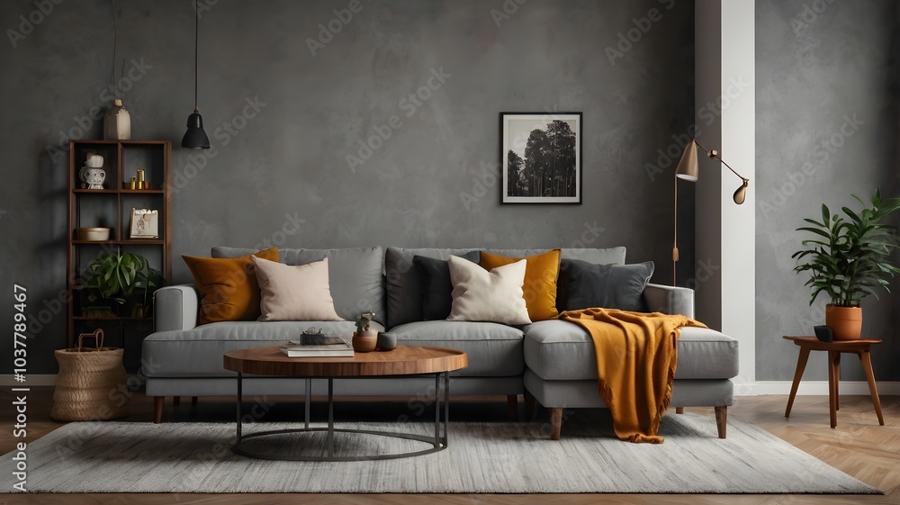 Retro style in beautiful living room interior with grey empty wall. Retro style in beautiful living room interior with grey empty wall.