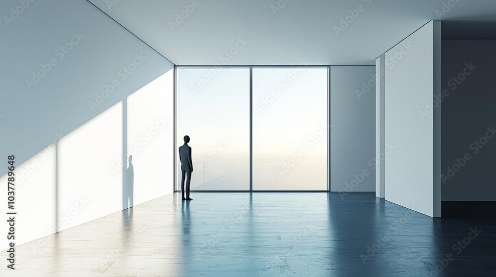 Introvert Solitude Minimalism Solitary figure looking at a clear sky through a window, minimalist home, flat design illustration Introvert Solitude Minimalism Solitary figure looking at a clear sky through a window, minimalist home, flat design illustration