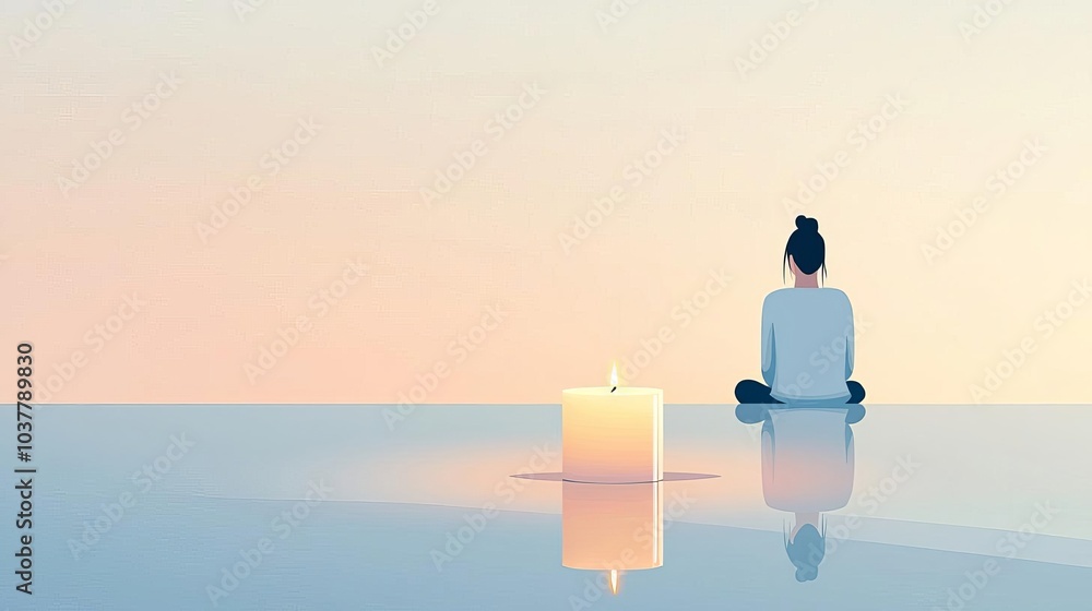 Obraz premium Introvert Solitude Minimalism Single candle on a table, person sitting alone in calm reflection, flat design illustration