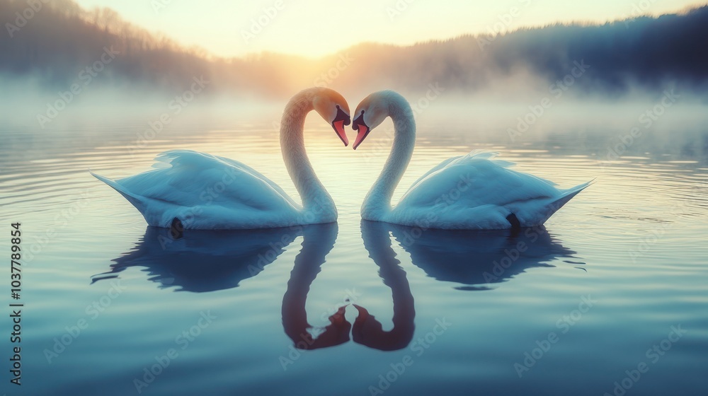 Fototapeta premium Two Swans Forming a Heart on a Misty Lake