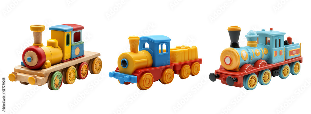 Colorful Isolated Toy Trains on Transparent Background Colorful Isolated Toy Trains on Transparent Background