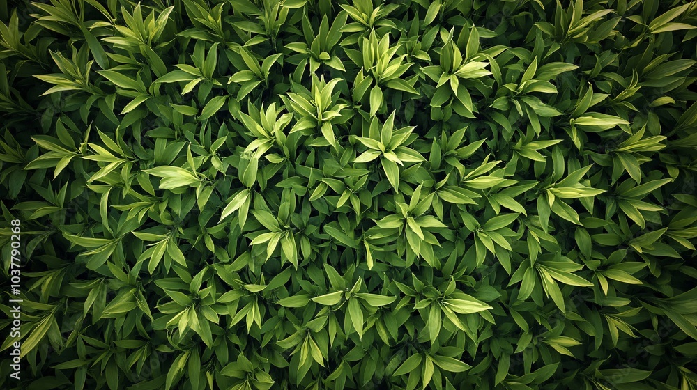 Obraz premium A lush green wall of leaves, creating a vibrant and natural texture perfect for nature-themed designs or backgrounds.