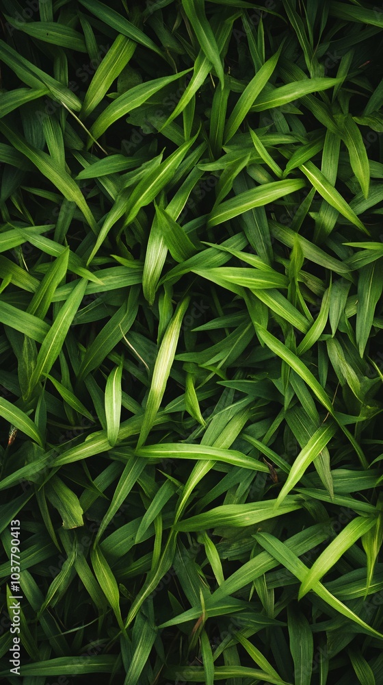 Fototapeta premium Dense green grass leaves gently overlapping, creating a lush and vibrant texture. Ideal for nature-themed designs with a refreshing look.