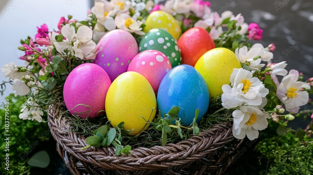 Colorful Easter eggs in a nest surrounded by spring flowers. Colorful Easter eggs in a nest surrounded by spring flowers.