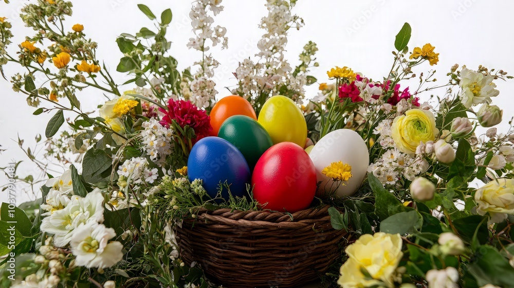 Colorful Easter eggs in a wicker basket surrounded by blooming spring flowers. Colorful Easter eggs in a wicker basket surrounded by blooming spring flowers.