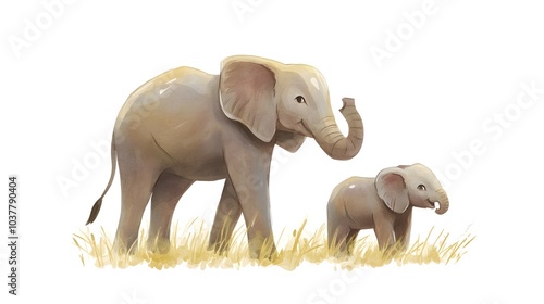 African Elephant Family Watercolor Illustration Mother and Calf in Grass