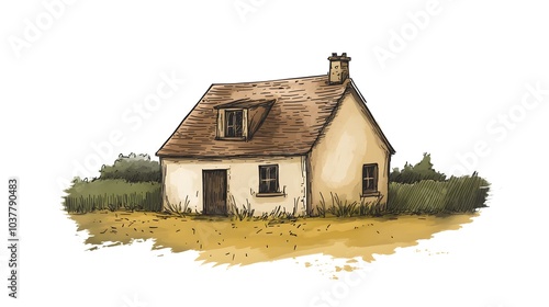 Hand Drawn Cottage Illustration Rural Home Countryside Landscape Watercolor Style