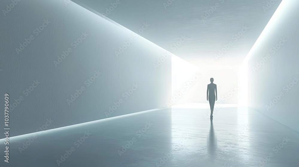 Fototapeta premium Introvert Solitude Minimalism Solitary figure looking at a clear sky through a window, minimalist home, flat design illustration