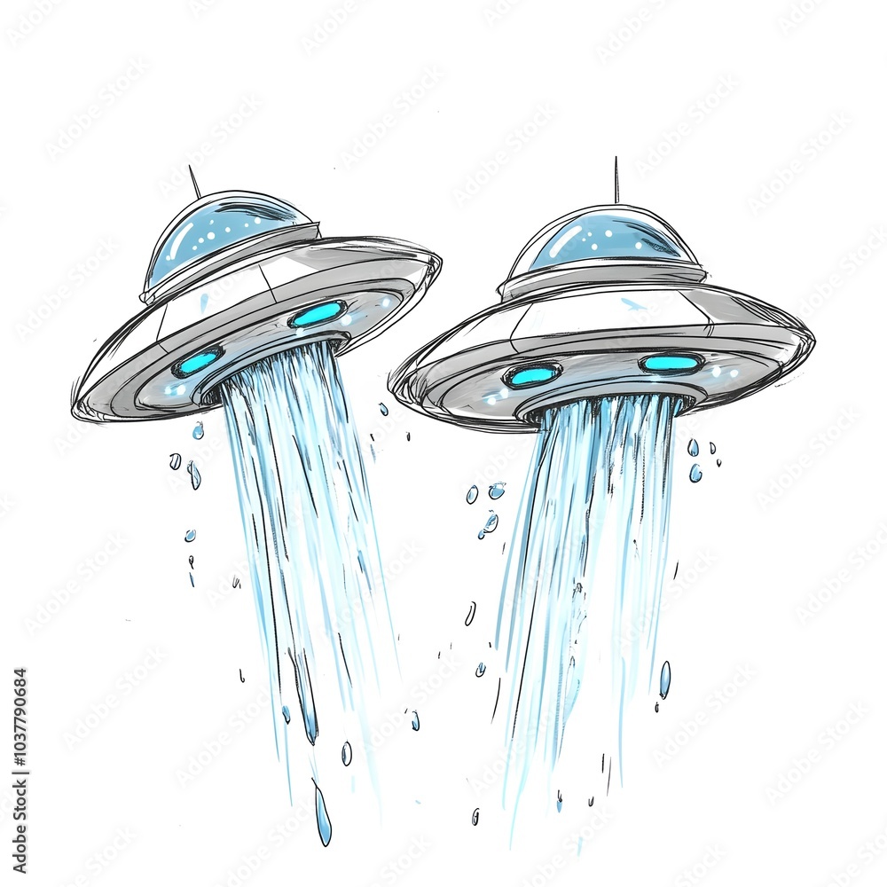 Fototapeta premium Two Cartoon UFOs Pouring Water Hand Drawn Illustration