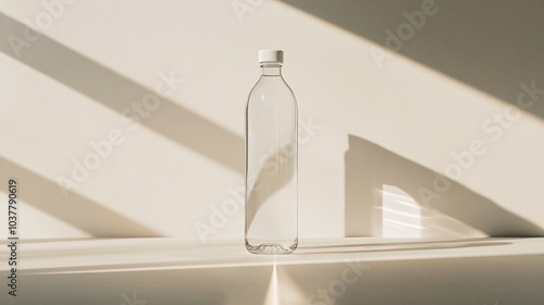 A clear, empty water bottle stands elegantly on a flat surface with soft shadows and natural light highlighting its shape and form. photo